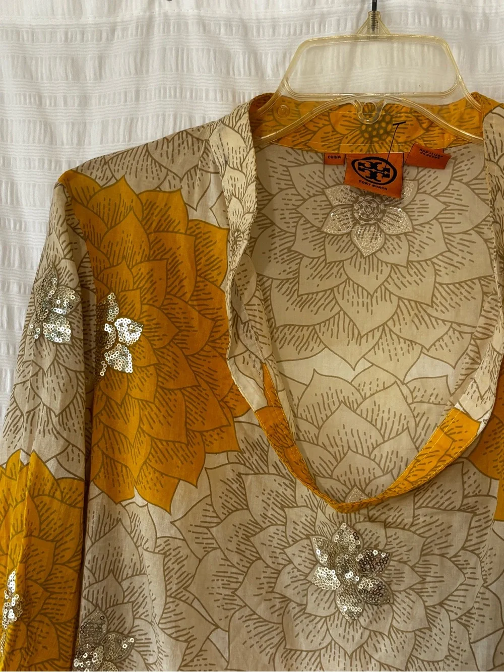 Tory Burch Floral Mustard & Silver Sequin Cotton Tunic Blouse Top Sz 10